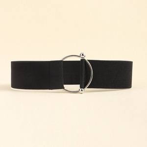 Close-up of black elastic band waist belt with silver metal ring buckle and spherical accents