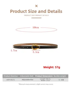 Guide des tailles pour ceinture fine en cuir avec boucle dorée, détails et dimensions