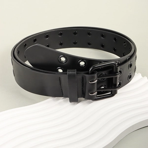 Ceinture noire Punk Y2K en similicuir avec œillets doubles et boucle noire mate