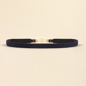 Navy blue elastic waist belt with an ornate golden alloy Chinese knot buckle for women