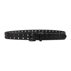 Ceinture punk Y2K unisexe en cuir noir avec doubles œillets métalliques et boucle mate noire