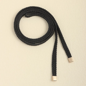 Versatile black braided waist rope belt with square gold metal tips for dresses