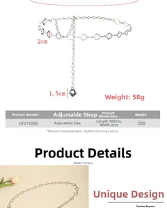 Détail d'une chaîne de taille argentée en forme de fleur, longueur 105cm et largeur 2cm