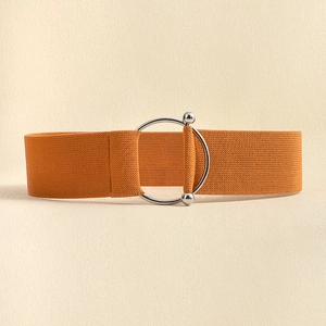 Close-up of circular alloy buckle on mustard yellow elastic waist belt for dresses