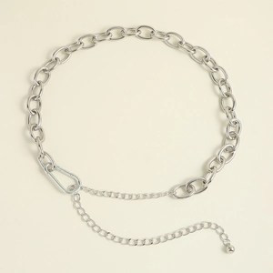 Close-up of silver metal waist chain showing oval links and functional carabiner clasp