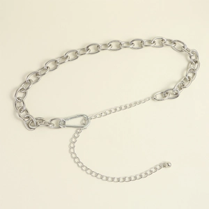 Close-up of elegant silver alloy metal waist chain with carabiner clasp and polished links