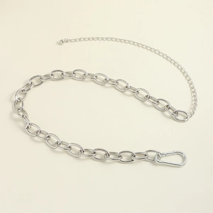 Silver metal chain belt for dresses with large oval rings and adjustable extension chain