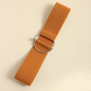 Macro detail of camel elastic wide waist belt with a silver circular metal buckle design