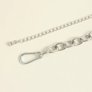 Detail of silver metal waist chain showing carabiner clasp and polished lobster buckle