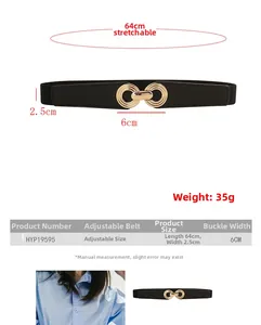 Detail view of black elastic belt with interlocking gold round buckle for dresses