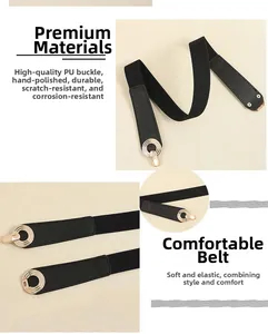 Detail view of black elastic belt with gold multi-ring buckle and premium PU leather trim