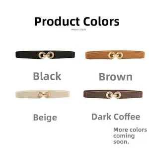 Detail view of thin elastic belts in black, brown, beige, and dark coffee with gold buckles