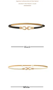 Detail of elegant black and white skinny belts featuring twisted gold interlocking buckles
