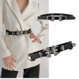 Ceinture Vintage à Double Boucle pour Femme Boucle en Alliage Gravée Rétro Ceinture Corset en Cuir PU Élastique pour Manteau