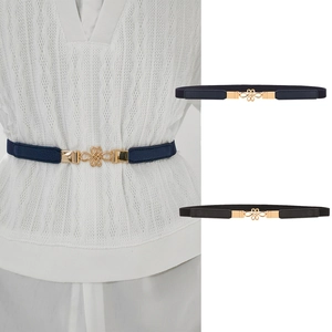 Women Slim Elastic Waist Belt Synthetic Leather Gold Metal Chinese Knot Buckle Hollow Flower Design Elegant Stretch Waistband