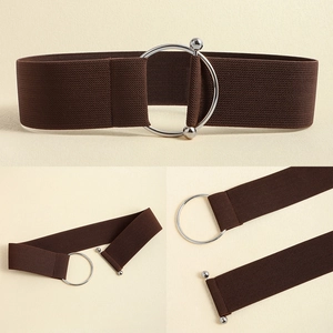 Detailed views of women's dark brown wide elastic belt with silver circular buckle