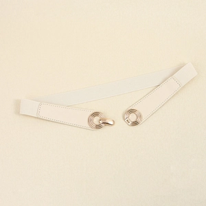 Elegant cream white elastic skinny belt for women with golden interlocking buckle