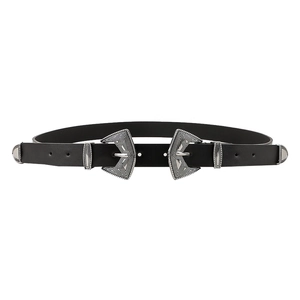 Ceinture élastique vintage noire pour femme avec double boucle argentée et gravures