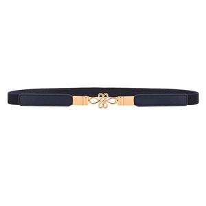 Navy blue elastic waist belt for women with golden metal knot buckle on white background