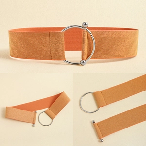 Detail of orange elastic waist belt with silver metal ring buckle and woven texture