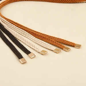 Flat woven waist rope belts with gold square metal ends in black, beige and brown