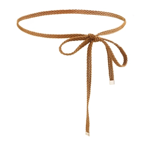 Women's camel brown woven skinny belt with gold metal tips and elegant bow knot