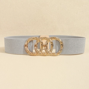 Elastic waist belt for women with silver woven strap and golden triple-ring metal buckle