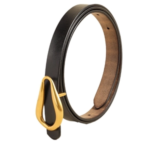 Fine ceinture noire en cuir avec boucle dorée en forme de goutte d'eau pour femmes
