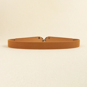 Detail of camel elastic woven belt with premium gold buckle and leather finish