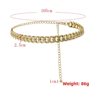 Detailed view of Cuban link waist chain with rhinestone inlay and 105cm length specs