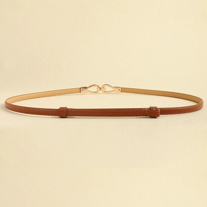 Minimalist brown skinny belt for dresses featuring a sleek gold interlocking metal buckle