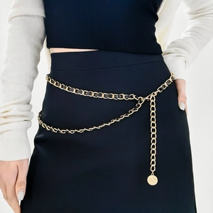 Chaîne de Taille Entrelacée en Métal et Cuir Vintage Pour Femmes Ceinture avec Pendentif Pièce d'Or Ajustable Bijoux