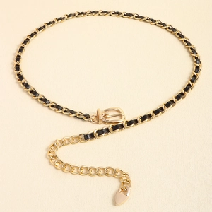 Damen-Ketten-Gürtel aus Goldmetall mit schwarzem Ledergeflecht und Herz-Anhänger-Detail