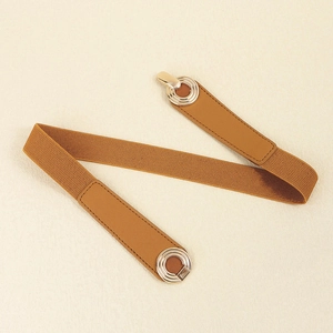 Elegant brown elastic woven belt for women with a round gold metal buckle for dresses