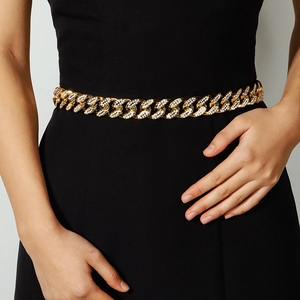 Luxury Rhinestone Inlaid Cuban Link Waist Chain For Women Gold Silver Hip Hop Adjustable Fashion Jewelry Dress Belt