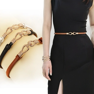 Women Thin PU Leather Belt Simple Geometric Twist Alloy Buckle Adjustable Waistband Versatile Commute Waist Belt For Dresses