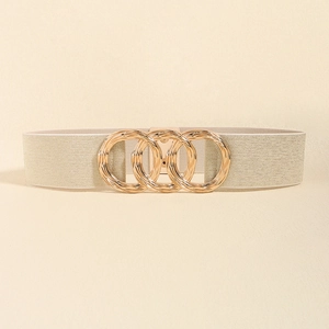 Elegant wide elastic waist belt in champagne gold finish with interlocking four-ring buckle