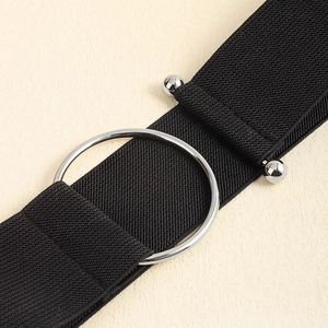 Elastic black wide waist belt with elegant silver metal ring buckle for women shirts
