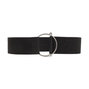 Minimalist black elastic wide belt for women with silver metal ring buckle and beads