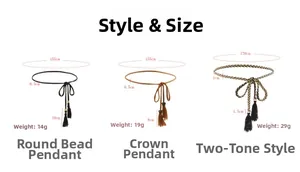 Detailed comparison of three braided tassel waist belts with beads and crown charms