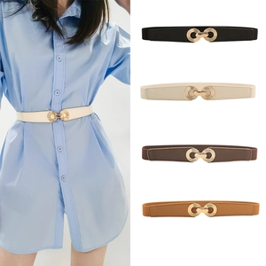 Fashion Women Elastic Skinny Belt Gold Interlocking Round Metal Buckle PU Leather Trim Stretch Waistband For Dresses