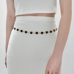 Women Gold Alloy Metal Chain Belt With Black White Square Enamel Decorative Waist Chain For Dress Accessory Retro Style