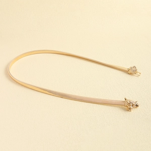 Detailed close-up of golden metal spring belt with a vintage lion head buckle for dresses