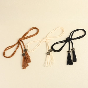 Boho braided waist belts with tassels and fleur-de-lis charms in three colors