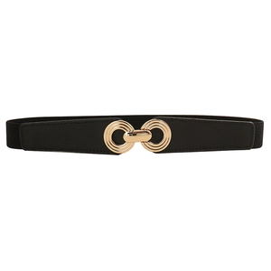 Women's thin elastic black waist belt with gold interlocking double ring buckle