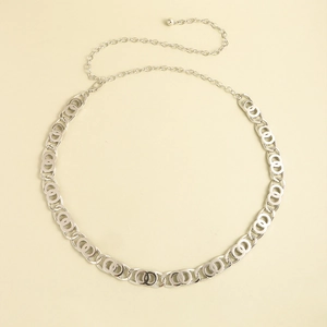 Detail view of silver metal waist chain with interlocking double ring design and clasp