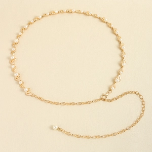 Élégante Chaîne De Taille Dorée En Alliage Avec Künstliche Perles D'Imitation Incrustées Motifs Feuilles Ajourées Chaîne De Corps Femme