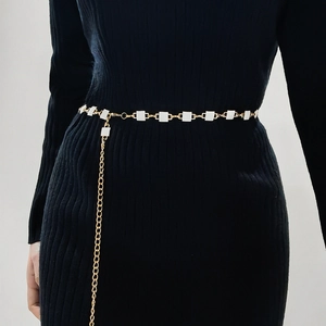 Detailed view of the gold chain waist belt with white square enamel accents on a black dress