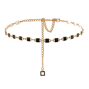 Minimalist gold metal waist chain with black and white square enamel beads for dresses