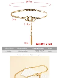 Tableau des tailles détaillé de la ceinture chaîne dorée avec glands et dimensions